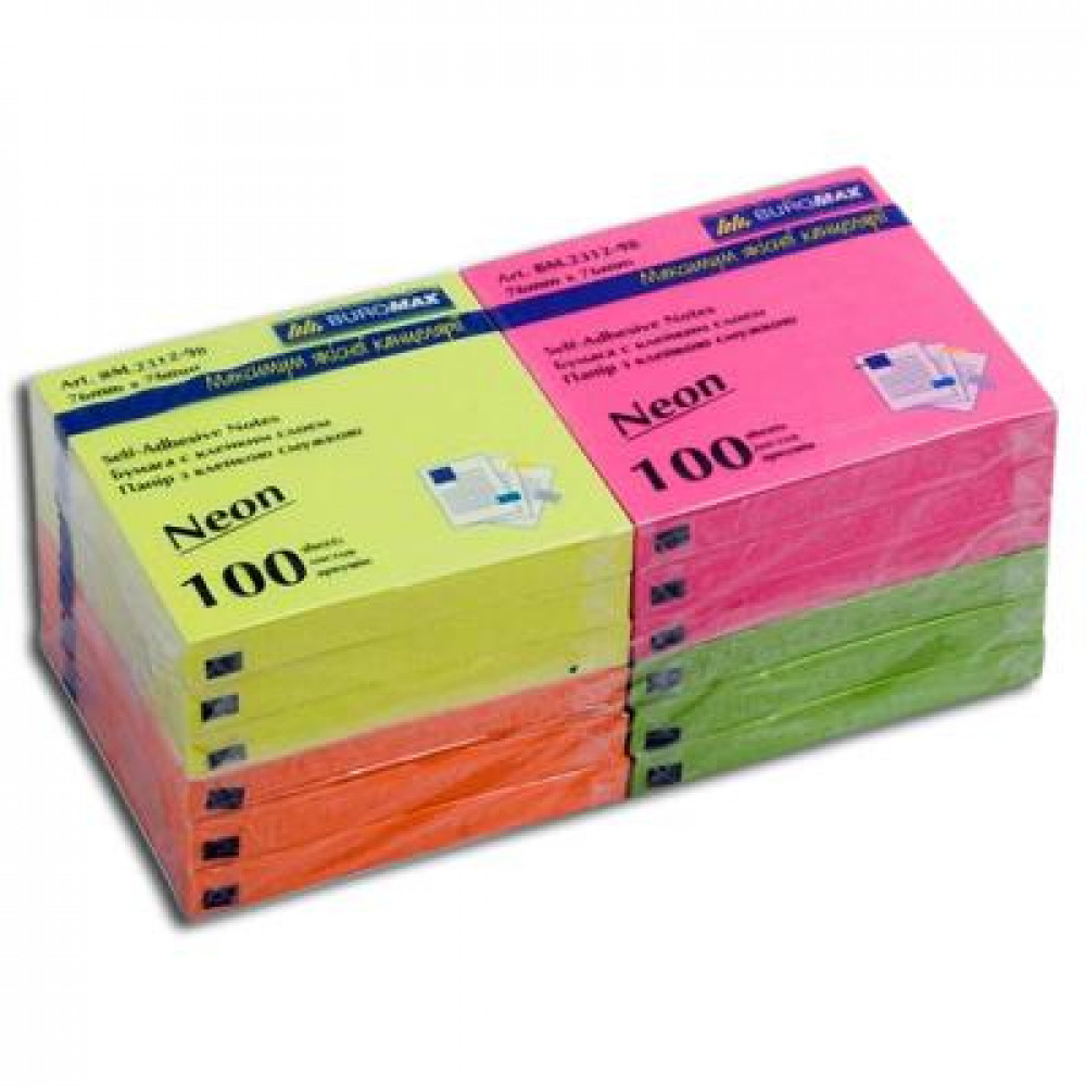 Блок бумаги  липкий 75 х 75 х 100 листов "BuroMAX" 2312-98 неон