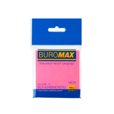 Блок бумаги с липким слоем 75 х 75 х 100 листов BuroMAX 2382-10 неон розовый