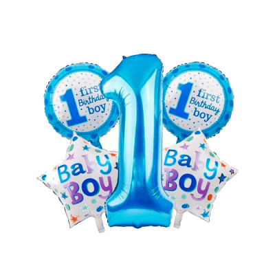 Набор шариков фольгированных Baby boy мой первый день рождения голубые 5 шт