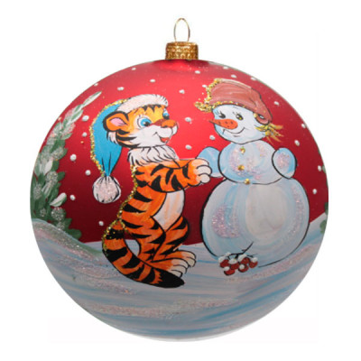 Шар елочный стеклянный D 120 Тигр со снеговиком красный **