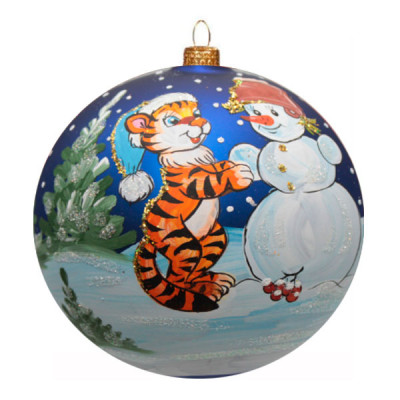 Шар елочный стеклянный D 120 Тигр со снеговиком синий  **