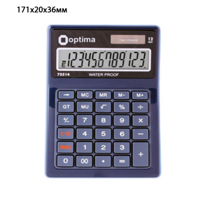Калькулятор "Optima" O75514 12 разрядный, водонепроницаемый, 171 х 120 х 36 мм черный