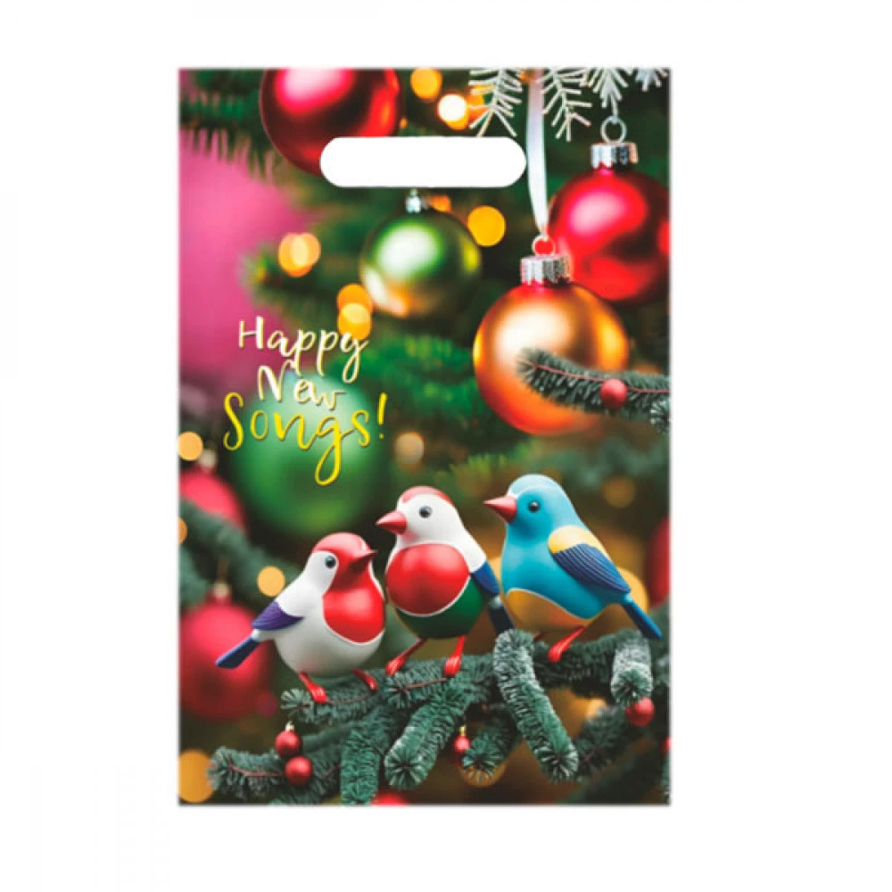 Пакет із прорізною ручкою 20х30 Новорічний Три пташки