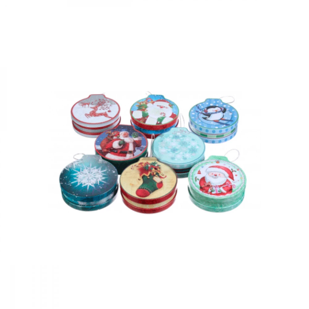 Коробка сувенірна металева 11,2 х 12,2 х 4 см "Новорічна" 63-1033 кругла Mix 
