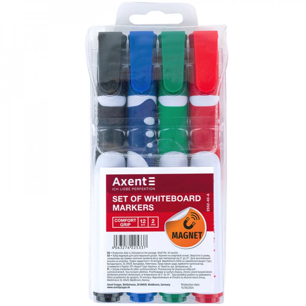 Набір маркерів для дощок 4шт Whiteboard Comfort Grip 2552-40-A, 2 мм