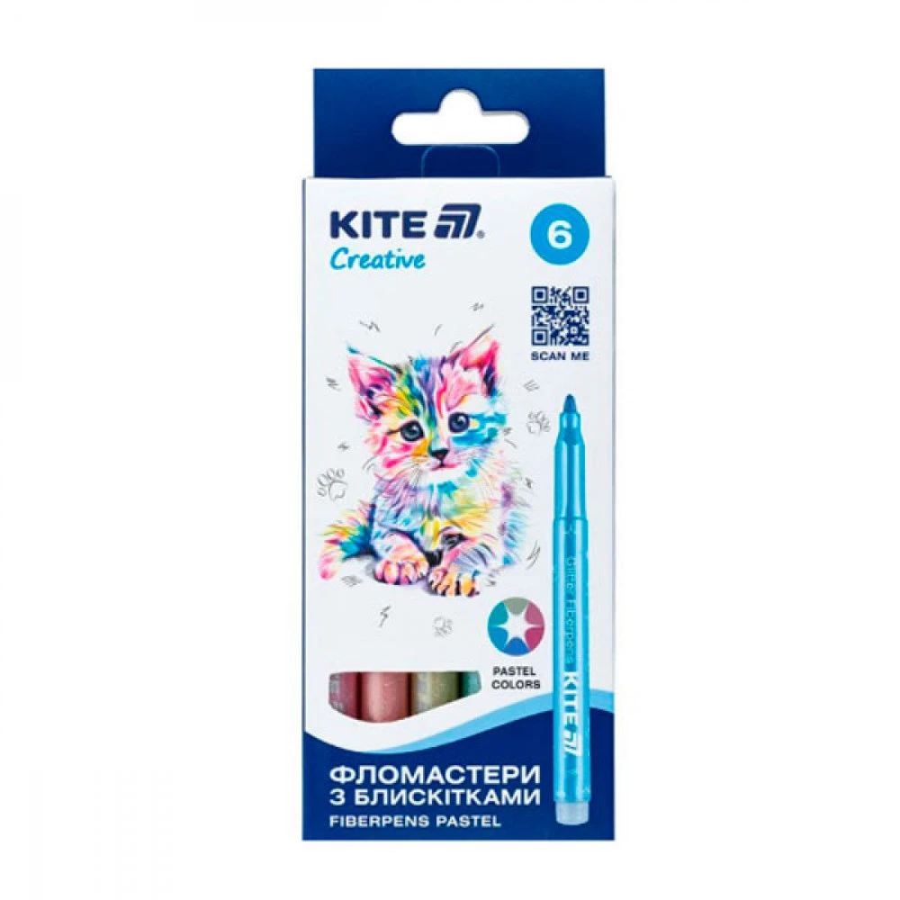 Фломастери 6 кольорів Kite Creative K-1148 з блискітками пастель