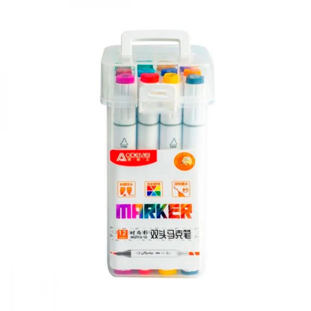 Набір скетч маркерів Aodemei М6113-12М 12шт двосторонні пластик бокс