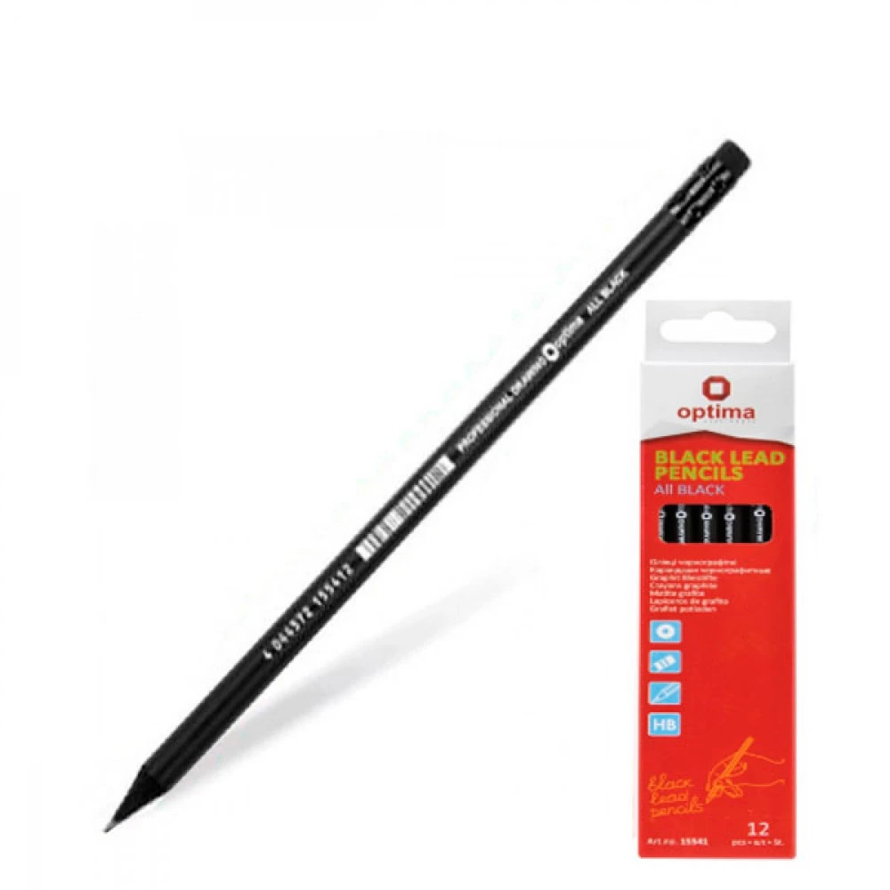 Олівець простий "Optima" O15541 "All Black" з гумкою, чорний