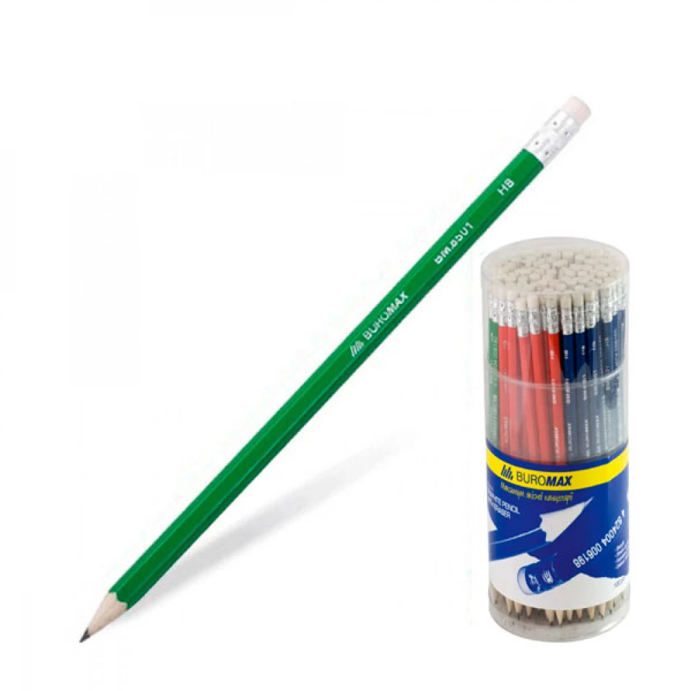 Олівець графітний "BuroMAX" 8501 HB з гумкою Mix