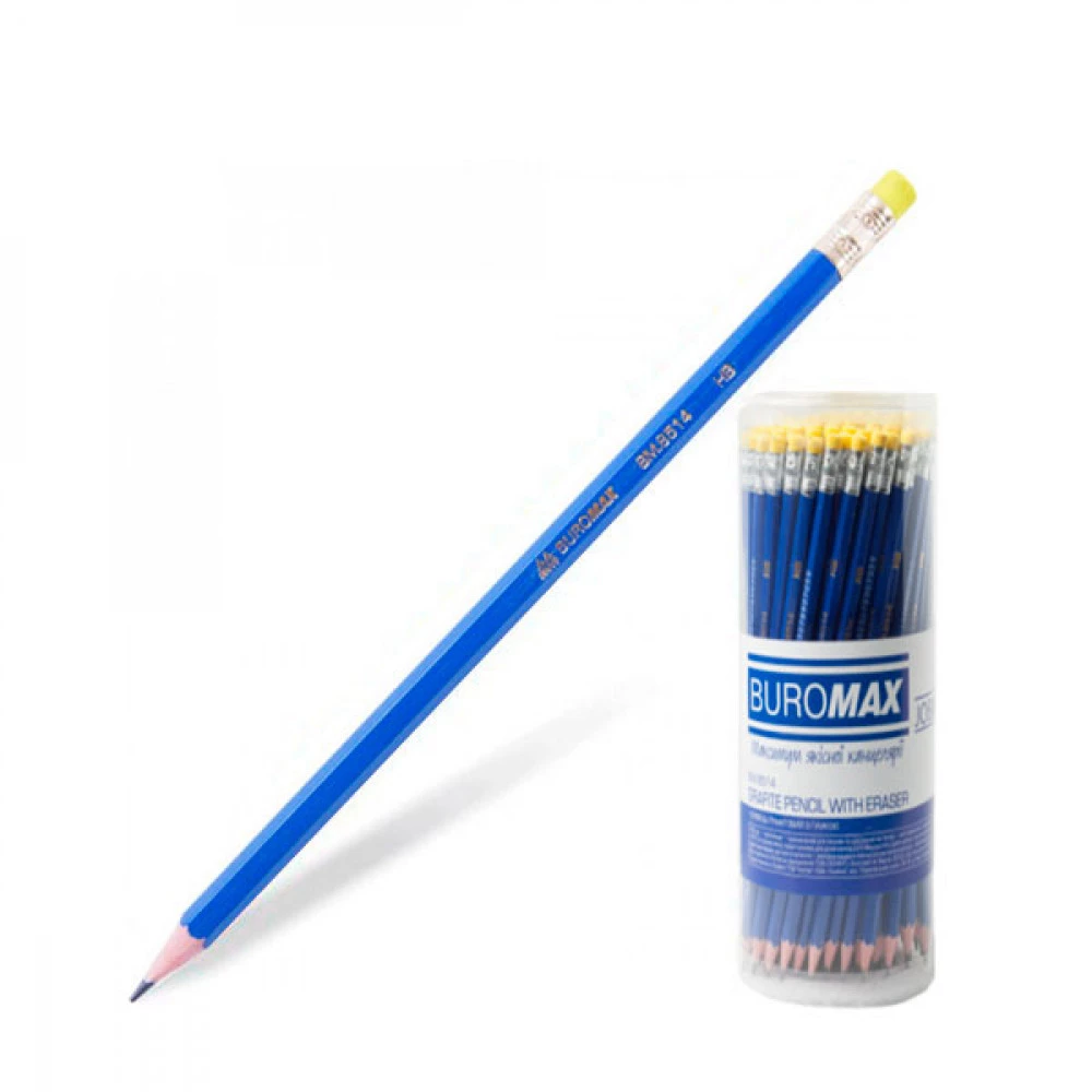 Олівець графітний "BuroMAX" 8514 HB з гумкою, синій