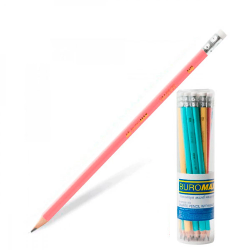 Олівець простий BuroMAX 8526 НВ з гумкою PASTEL