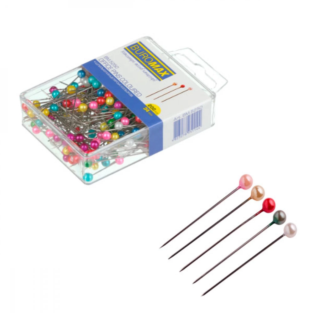 Булавки 34 мм "BuroMAX" 5250 (200 шт) кольорові