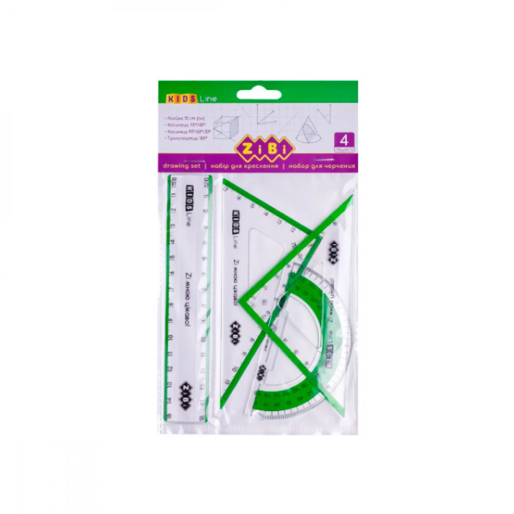 Набір лінійок ZiBi5687-15 (2 трикутники + транспортир + 15 см лінійка) (4 шт) салатові краї