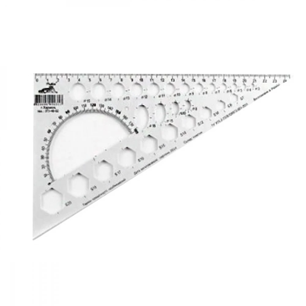 Трикутник пластик.25см з транспортиром та геометр.фігурами 0094